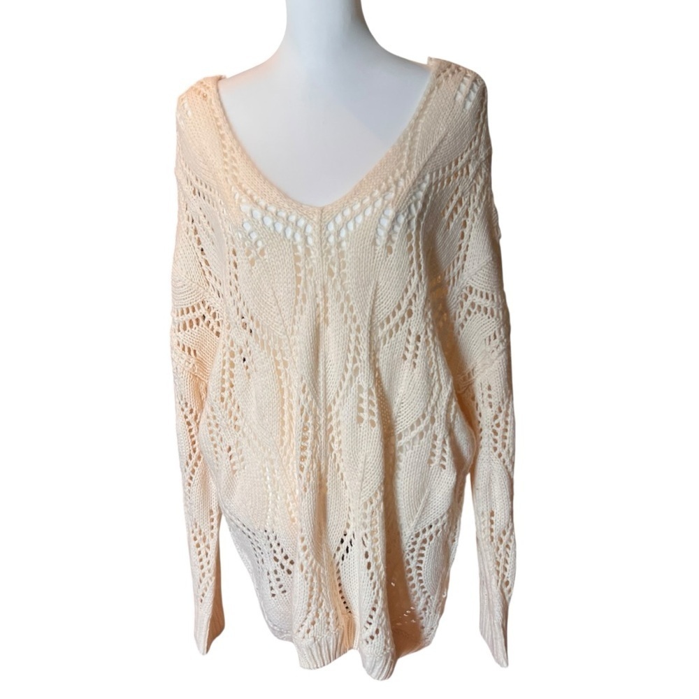 RD Style Cream Pointelle Open Knit V-Neck Oversized Sweater Womens Medium new